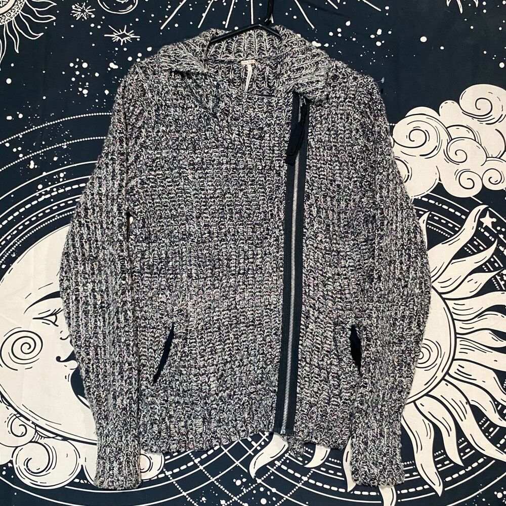 Free People Cardigan Sweater Womens M Gray Cotton Knitted Asymmetrical Zip Moto